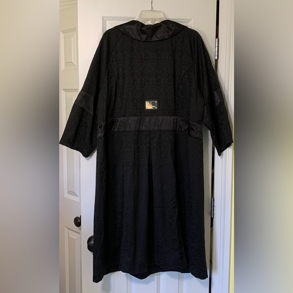 VTG Trench Duster Black Brocade Print Coat 90s Y2K Wrap Layer Goth - Picture 5 of 12